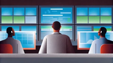 Security Operations Center team monitoring threats on multiple screens in a modern SOC environment.