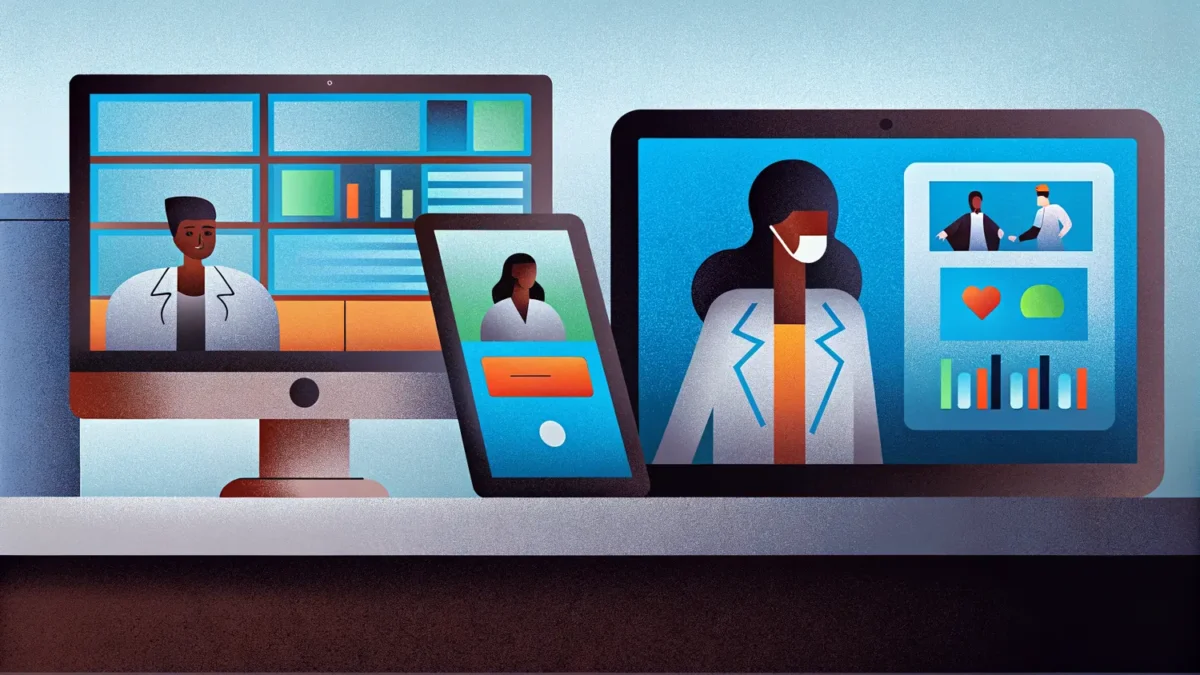 Telehealth digital communication connecting patients with remote healthcare providers.